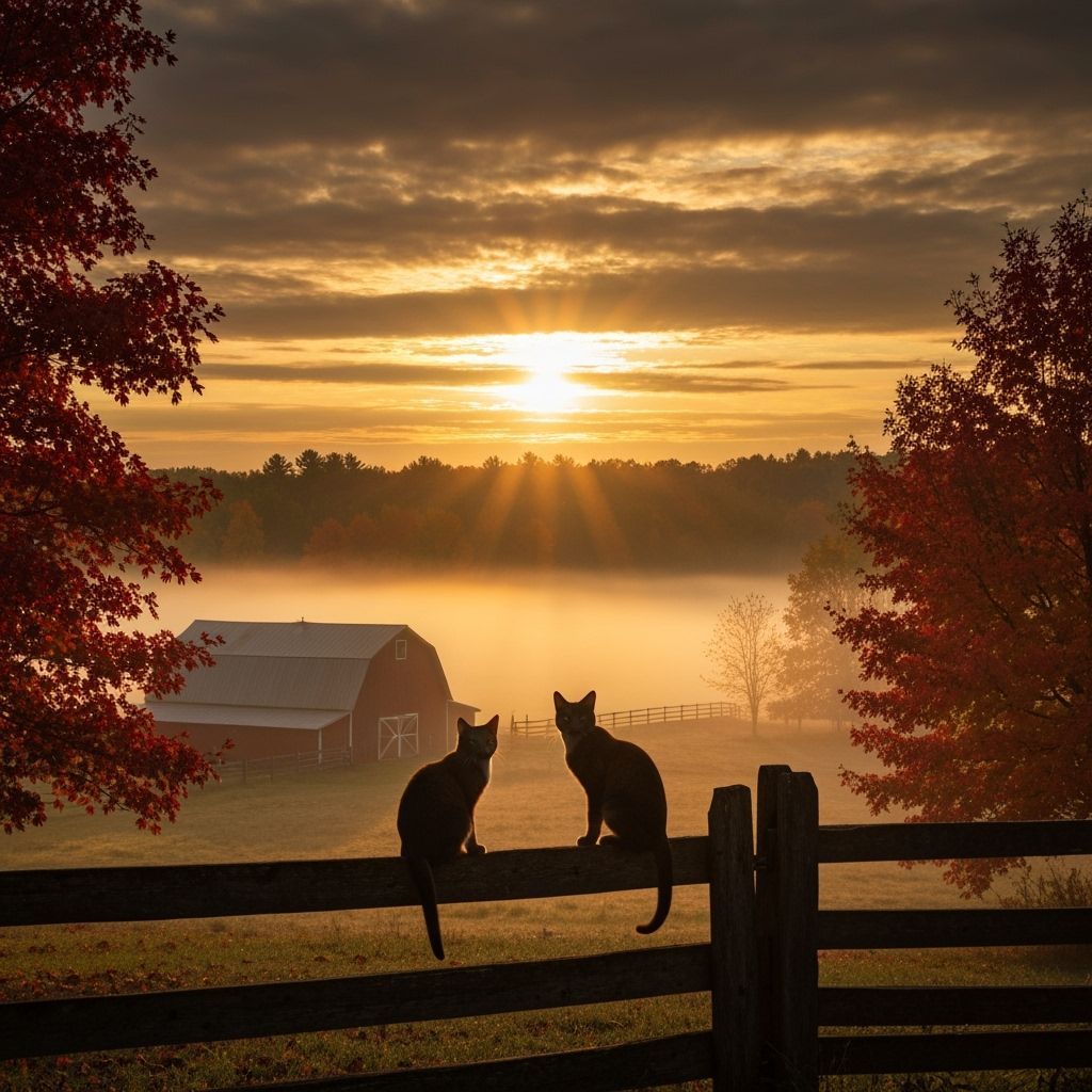 Cats on Fence Overlooking Misty Farmstead Sunrise