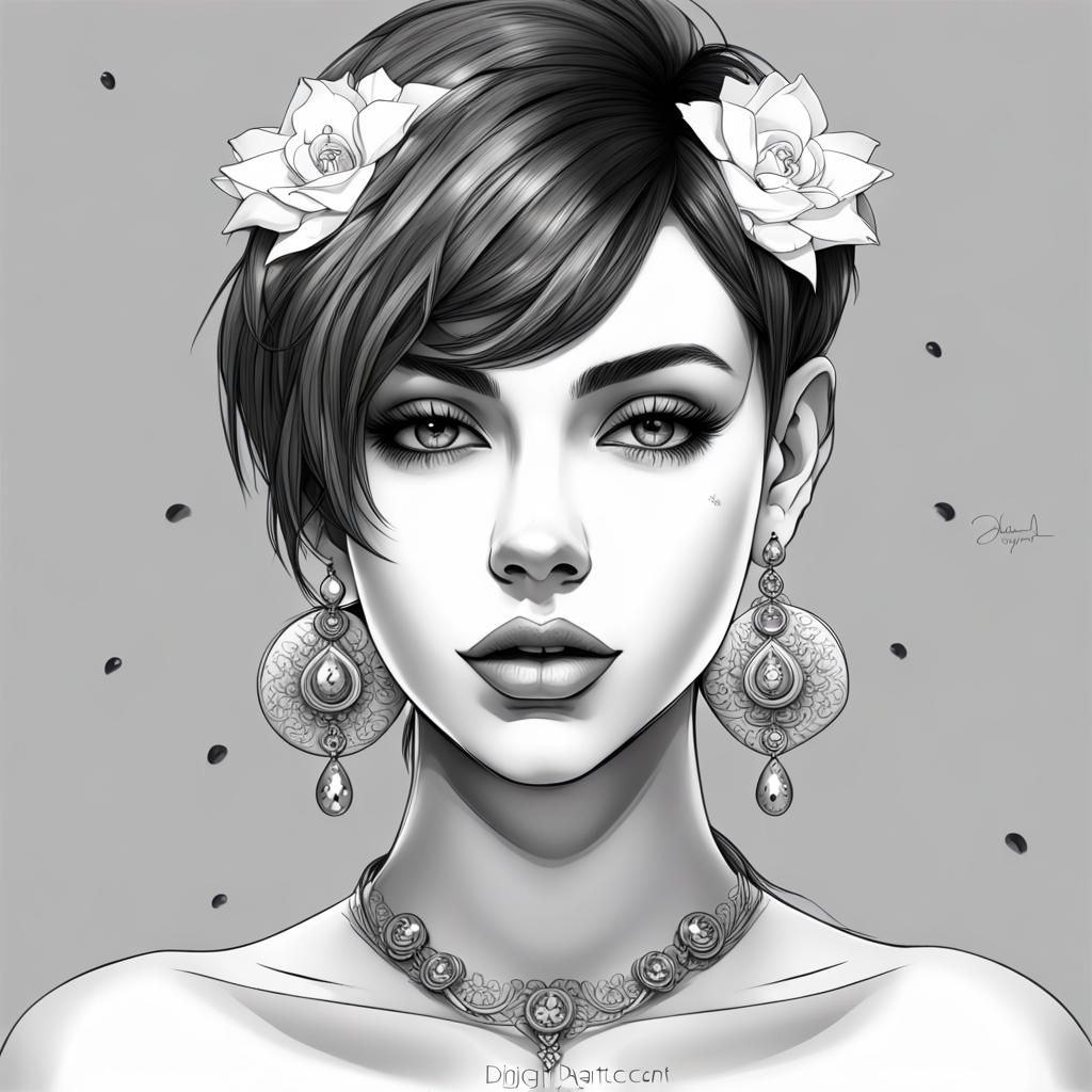 Monochrome Digital Portrait of a Young Woman with Piercing a...