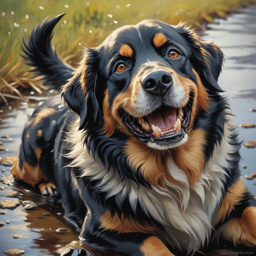 Happy Dog in a Dark Fantasy Art Style
