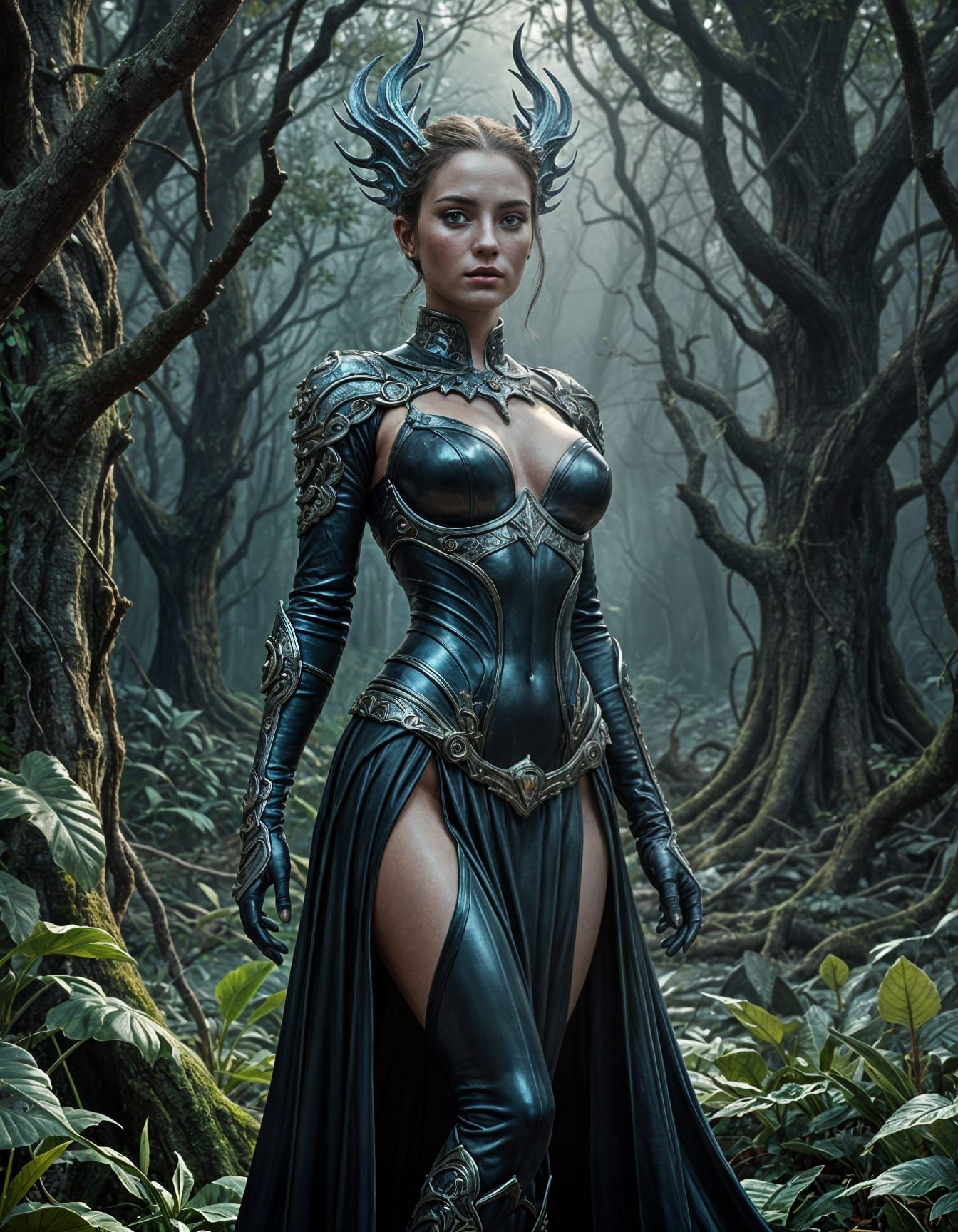 Strong Female Warrior in Eerie Fantasy Landscape