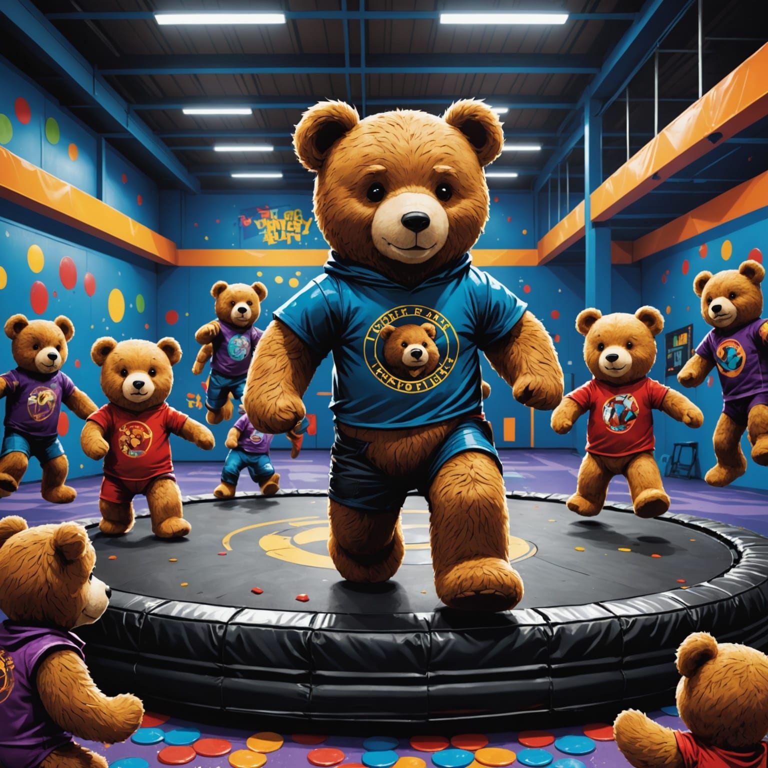 Teddy Bears in Mid-Air Action at Trampoline Park