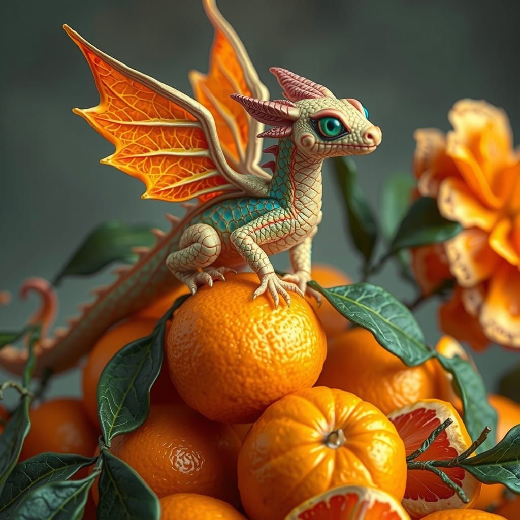 Whimsical Iridescent Dragon Amidst Orange Slices