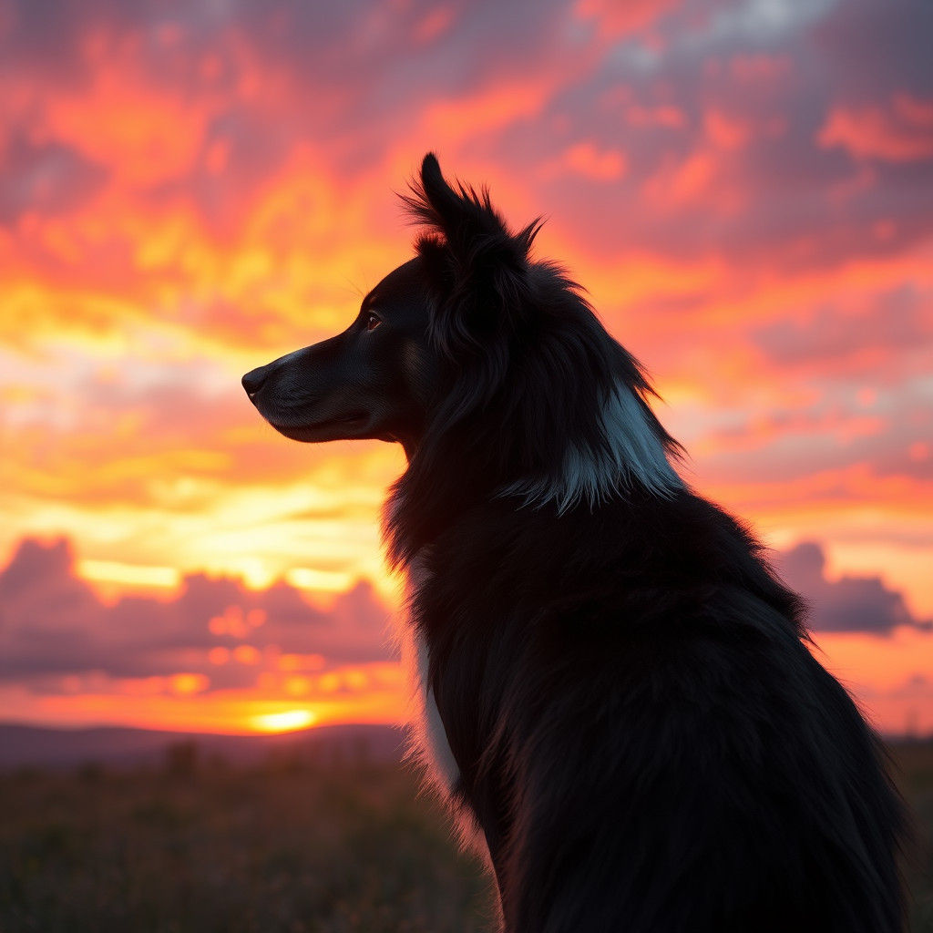 Majestic Border Collie Basks in Sunset Glory in Cyberpunk St...