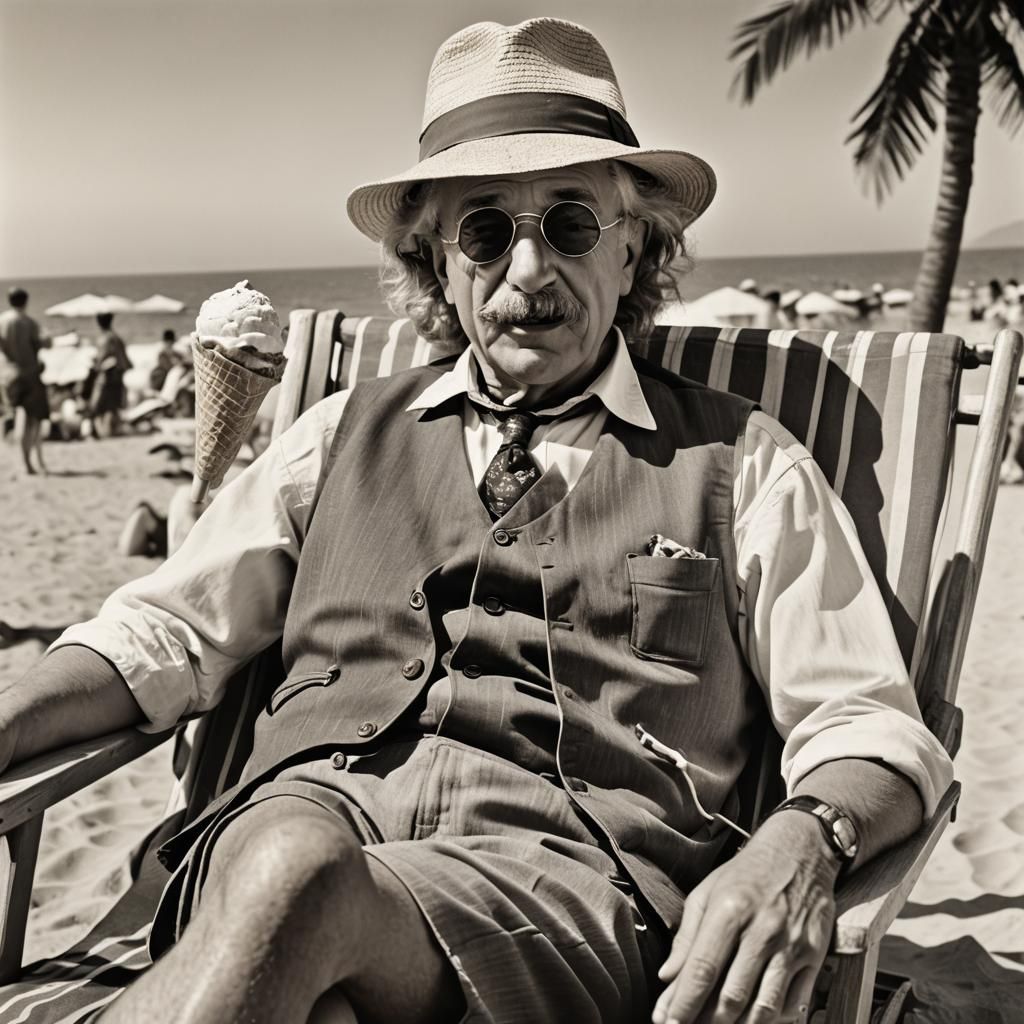 Vintage Einstein Enjoys Beachside Treat