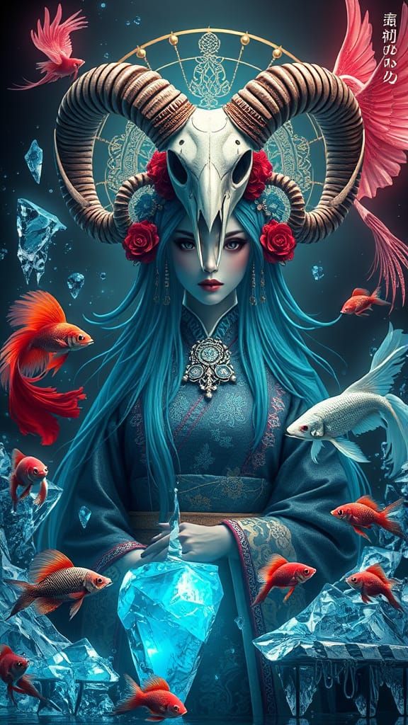 Goddess with Ram Skull and Kitsune Mask in Cyberpunk Style