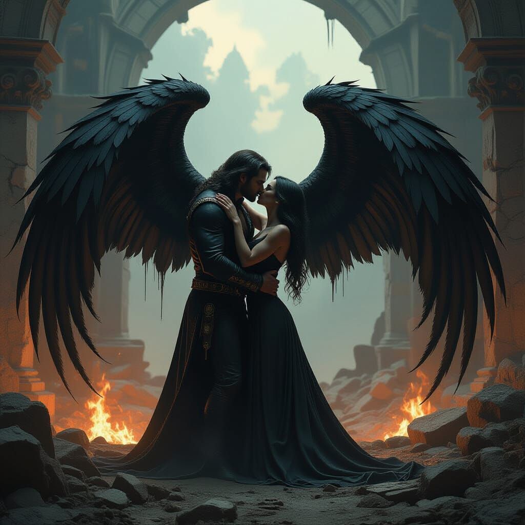 Dark Fantasy: Leathery Wings Enfold Woman in Bruising Kiss