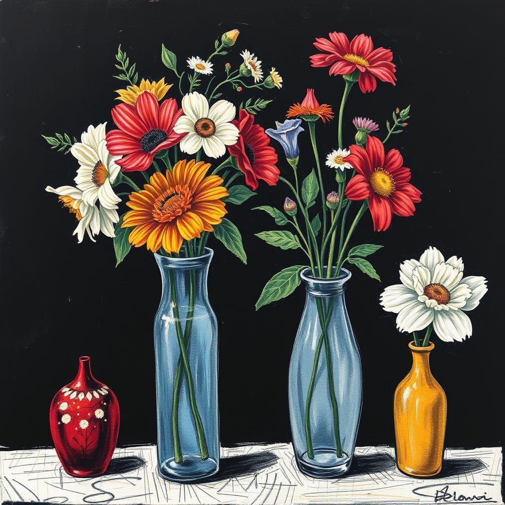 Floral Still Life in Scratchboard Style