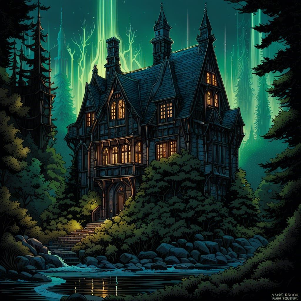Ethereal Gothic Manor Shrouded in Dark Forest and Biolumines...