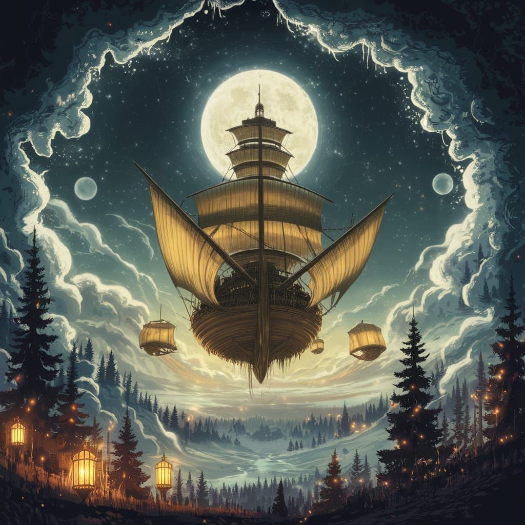 Whimsical Nighttime Airship Voyage in Vintage Style