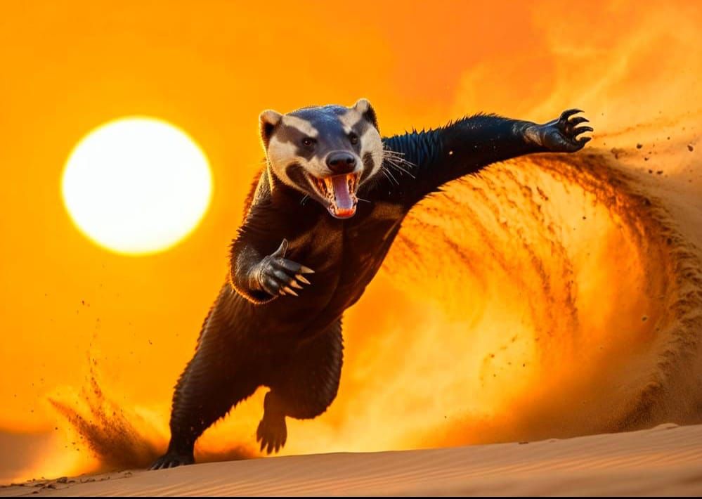 Courageous Honey Badger Confronts Cobra in Desert Sunset