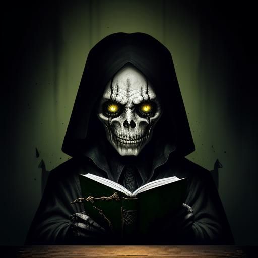 Dark Fantasy Horror Illustration with Gothic Book and Grinni...