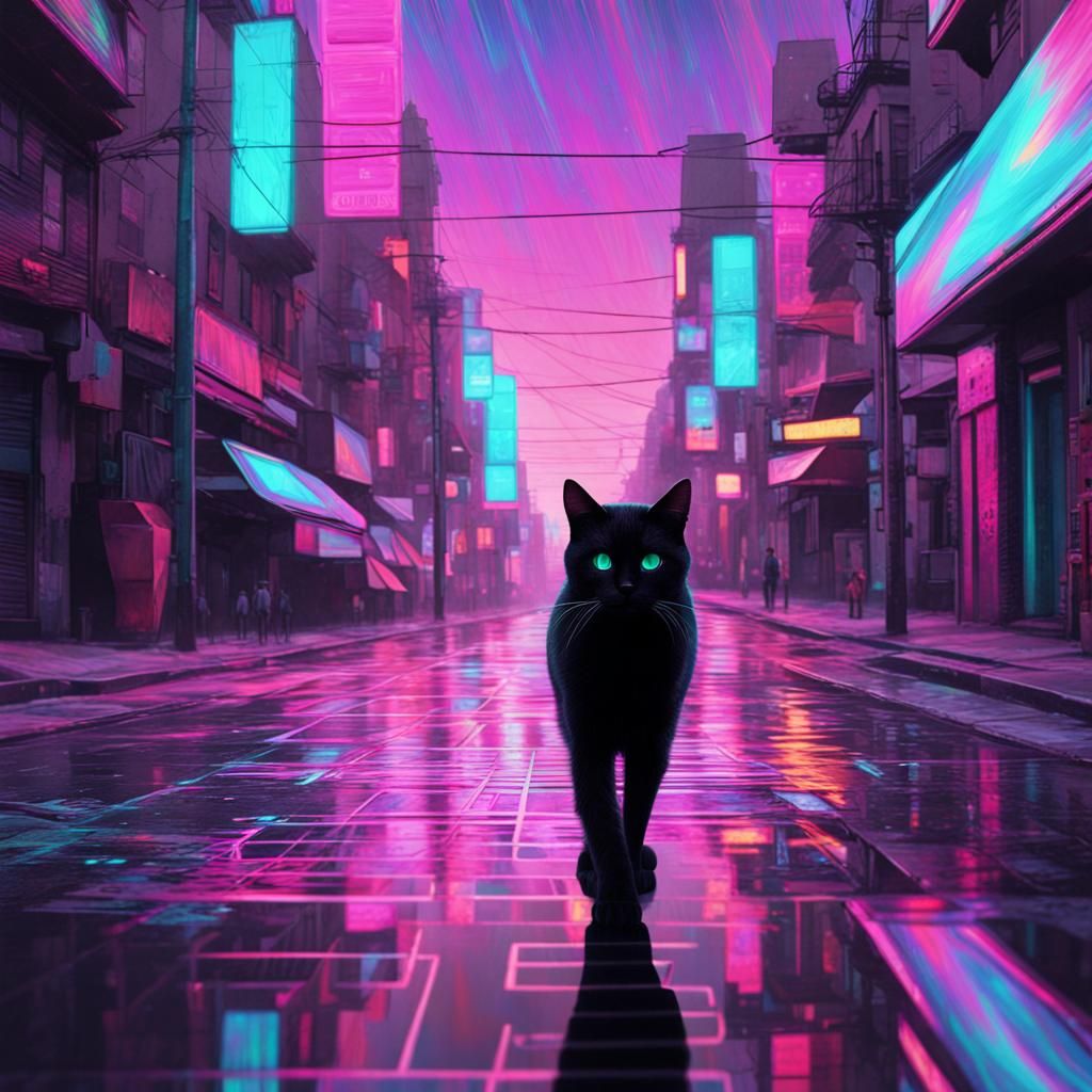 Glitching Holographic Cat Struts Down a Neon Street