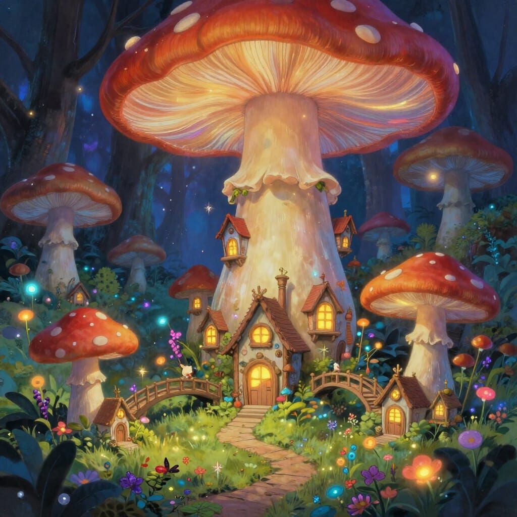 Whimsical Fairy Village in Glowing Mushroom Forest