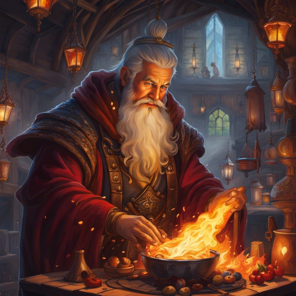 Chubby Fire Wizard Brewing Potions, Ghibli Watercolor