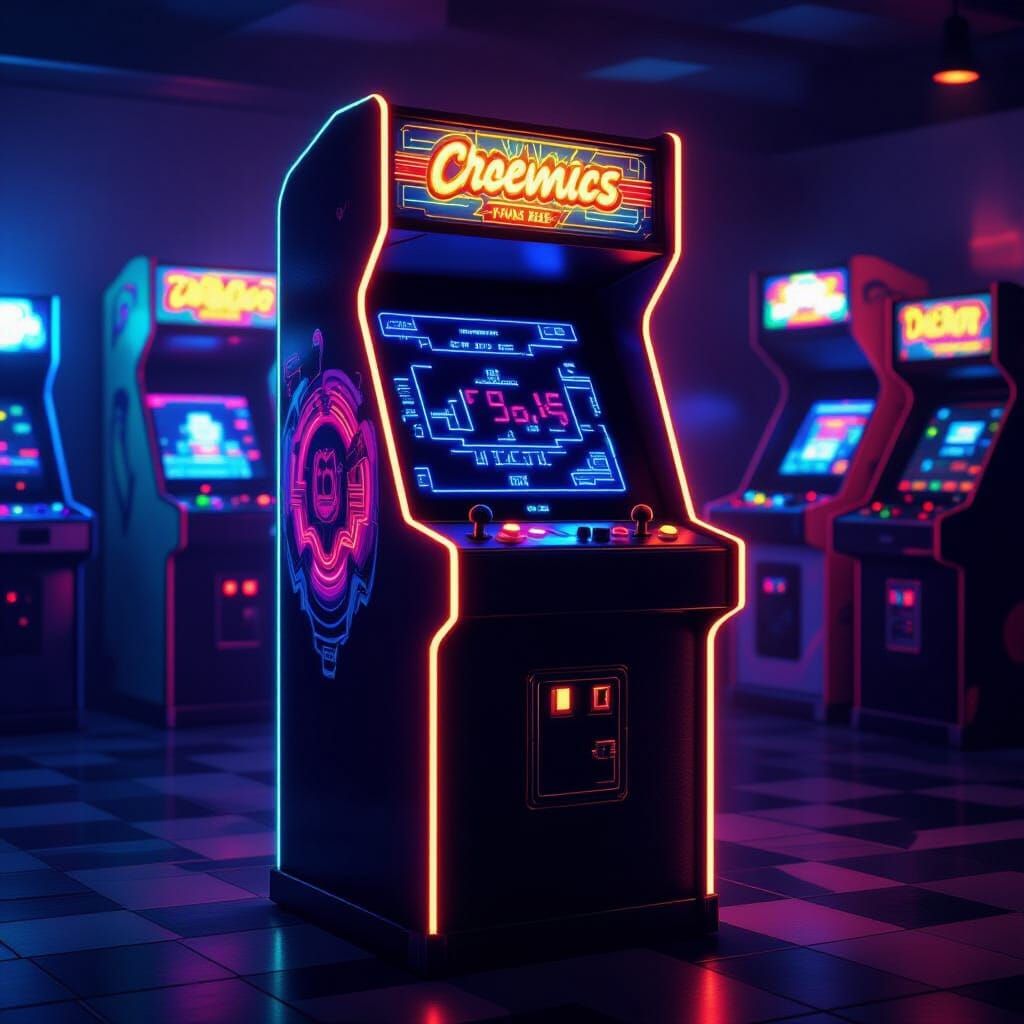 Retro Arcade Cabinet Glows in Neon Light