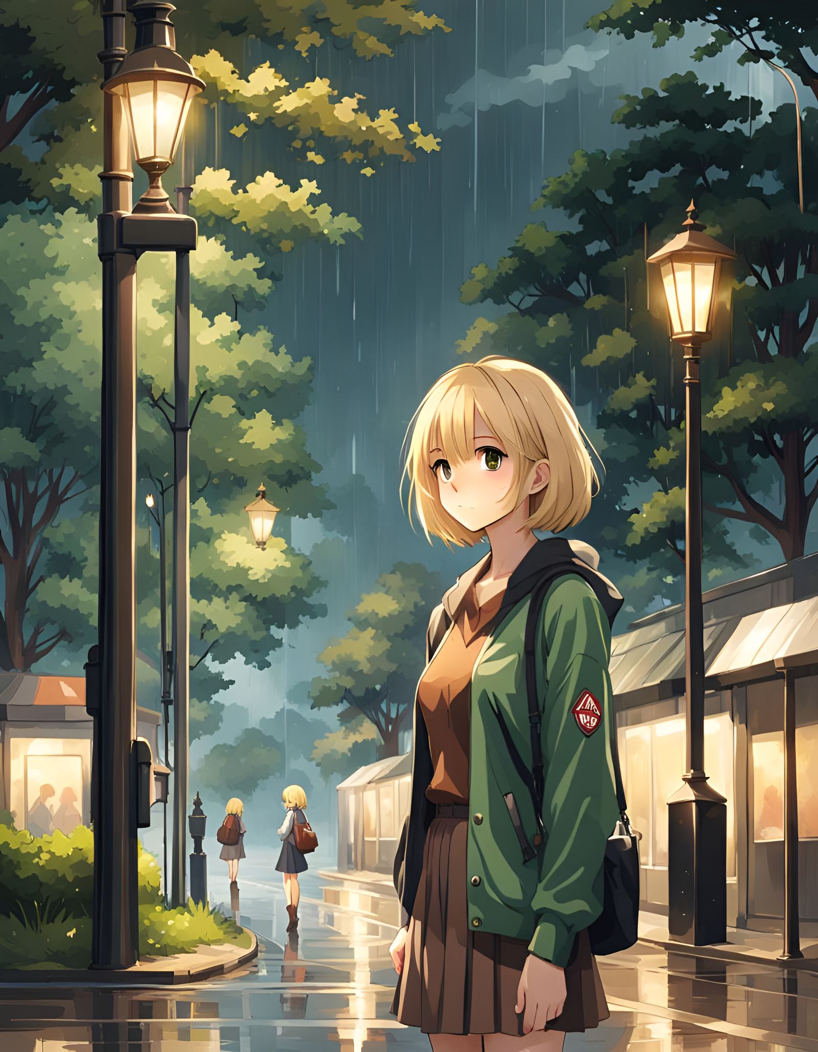 Girl Waiting Under Rainy Oak Trees in Anime Style