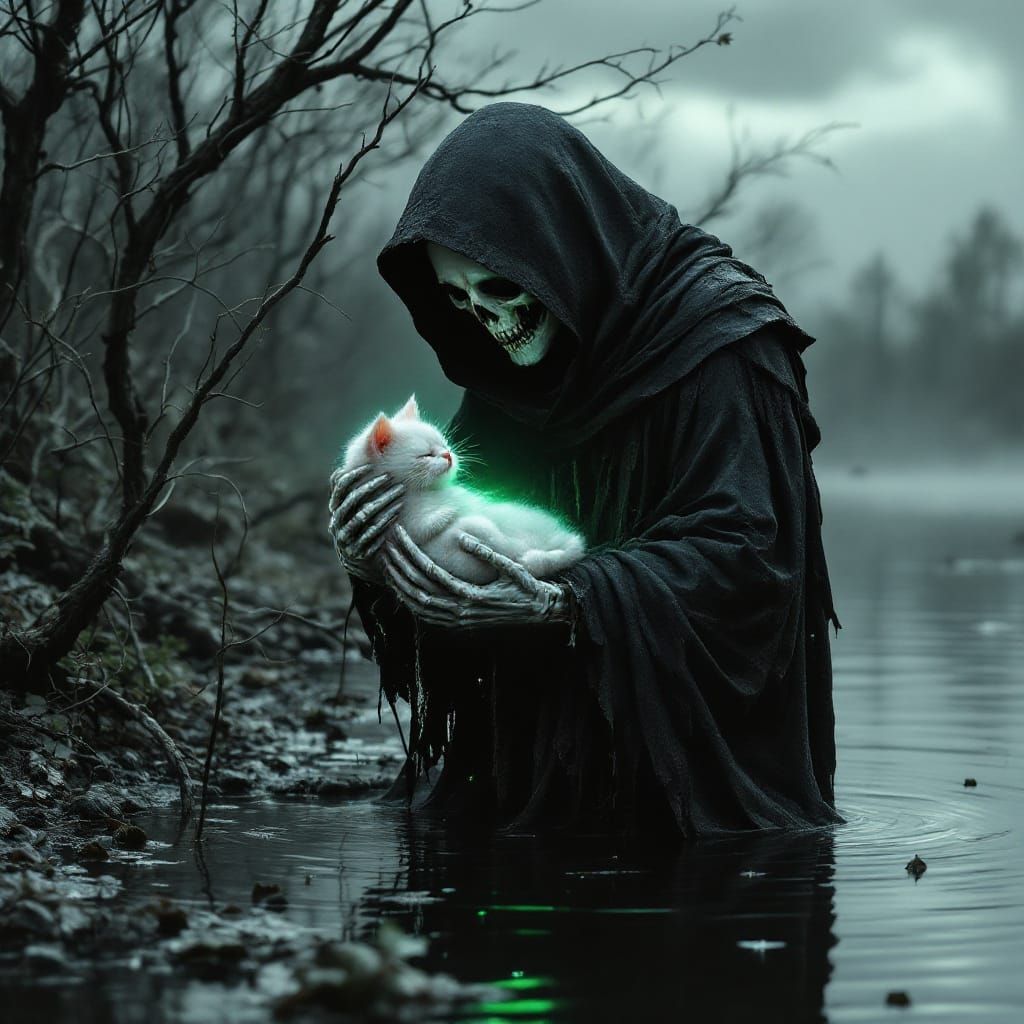 Grim Reaper Holds Gentle, Green-Glowing Cat on Dark, Desolat...