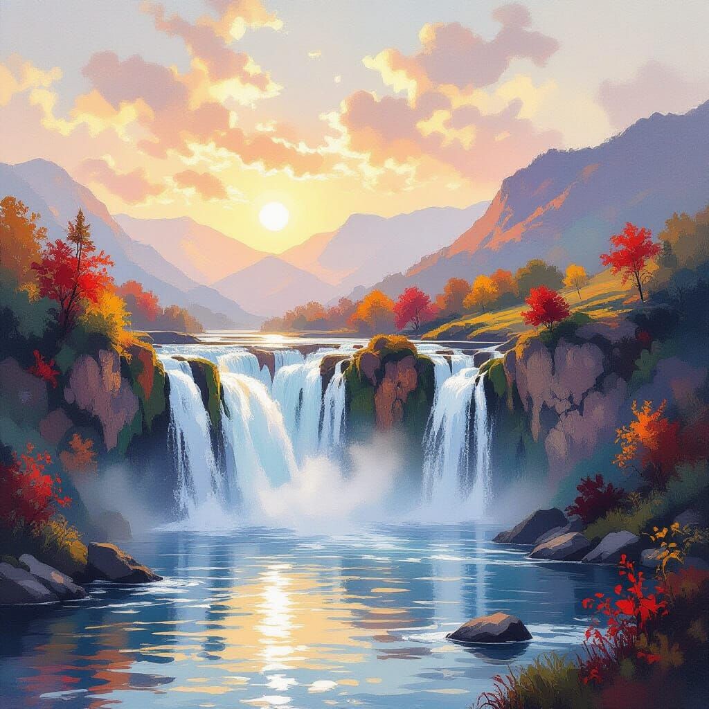 Majestic Autumn Waterfall in Impressionist Style