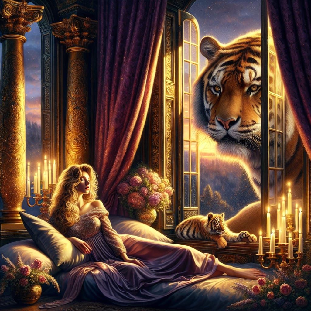Opulent Oil Painting: Woman with Oversized Tiger