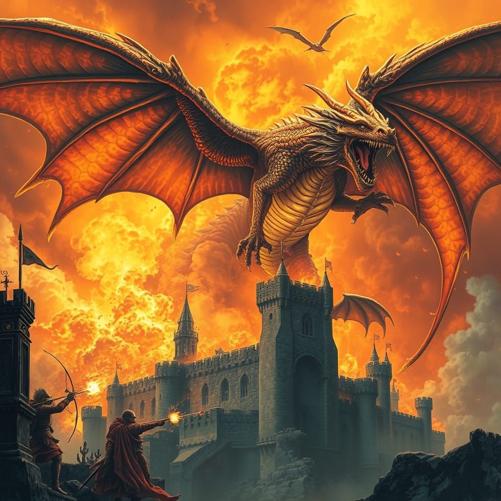 Majestic Dragon Soaring Through Fiery Sky