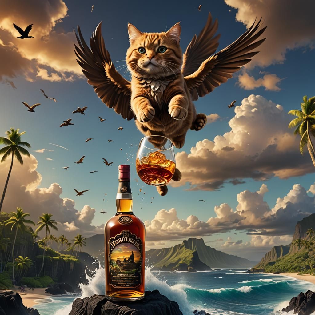 Whiskey Bottle Odyssey: Feline Pilot Soars Over Hawaii