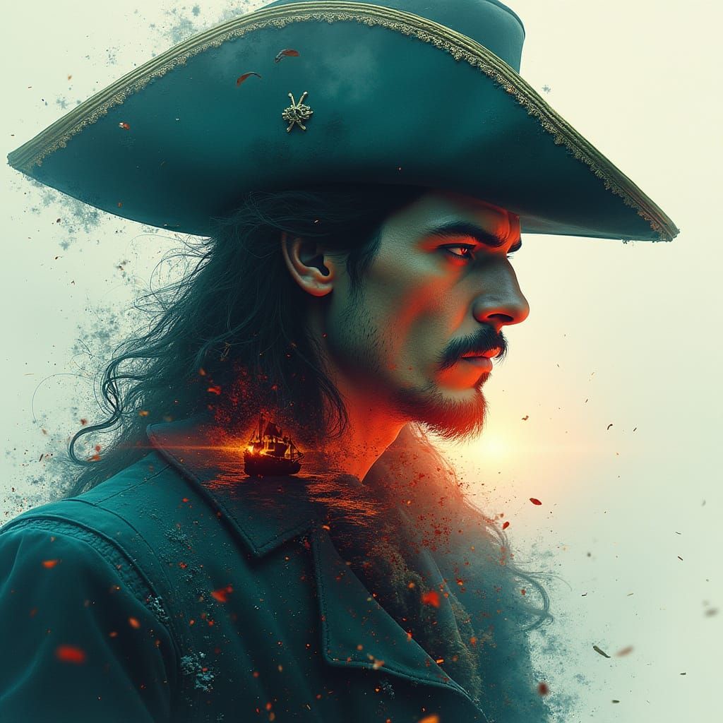 "Double exposure full portrait of a insanely majestic Captai...