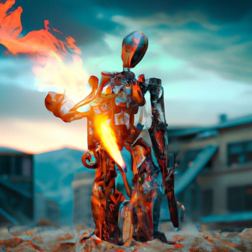 Surreal Robot Wields Flamethrower in Vivid Fantasy Scene