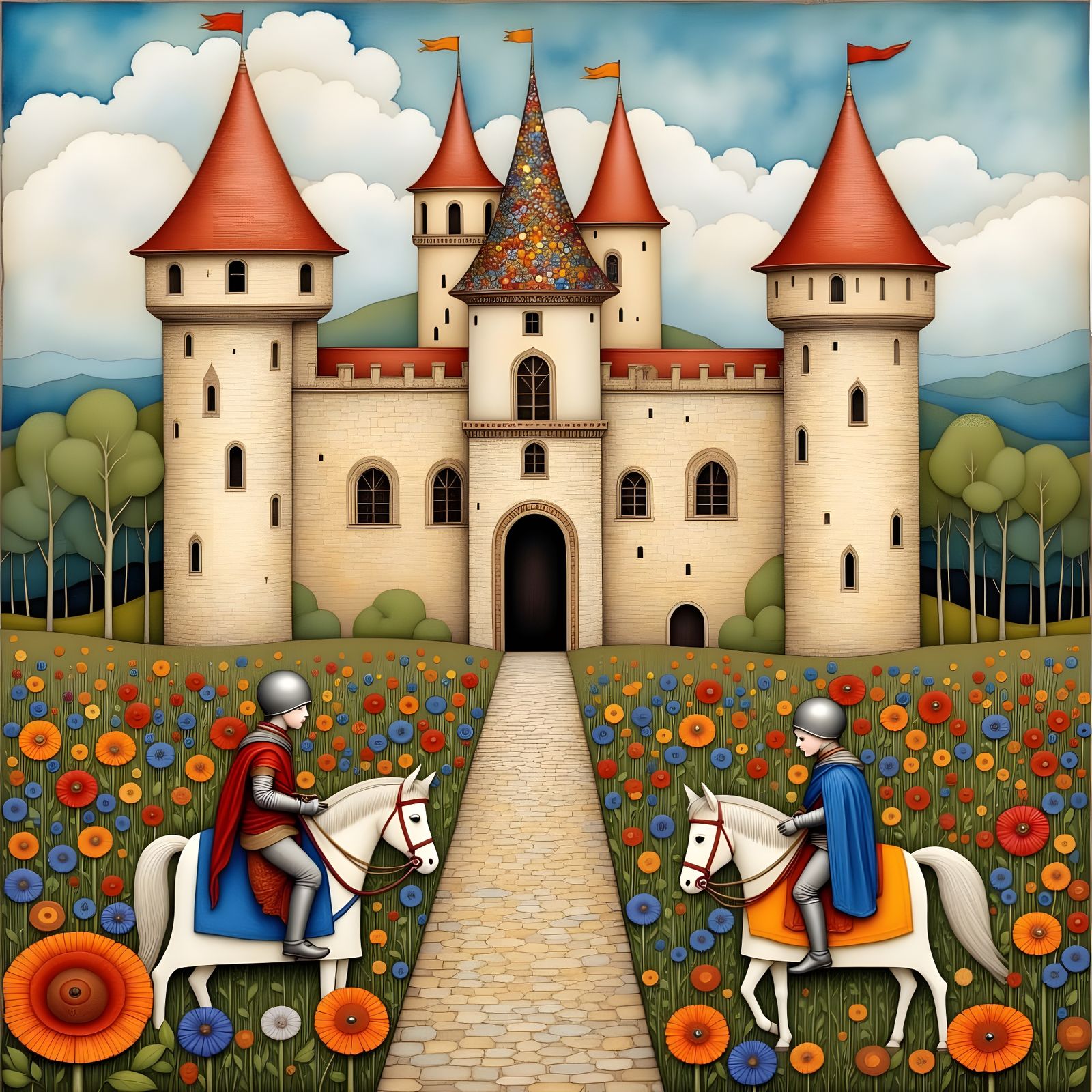Folk Art Storybook Castle with Knights