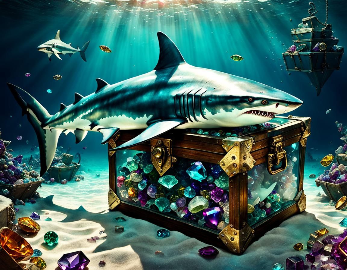 Surreal Gemstone Shark Rises from Treasure Chest Depths