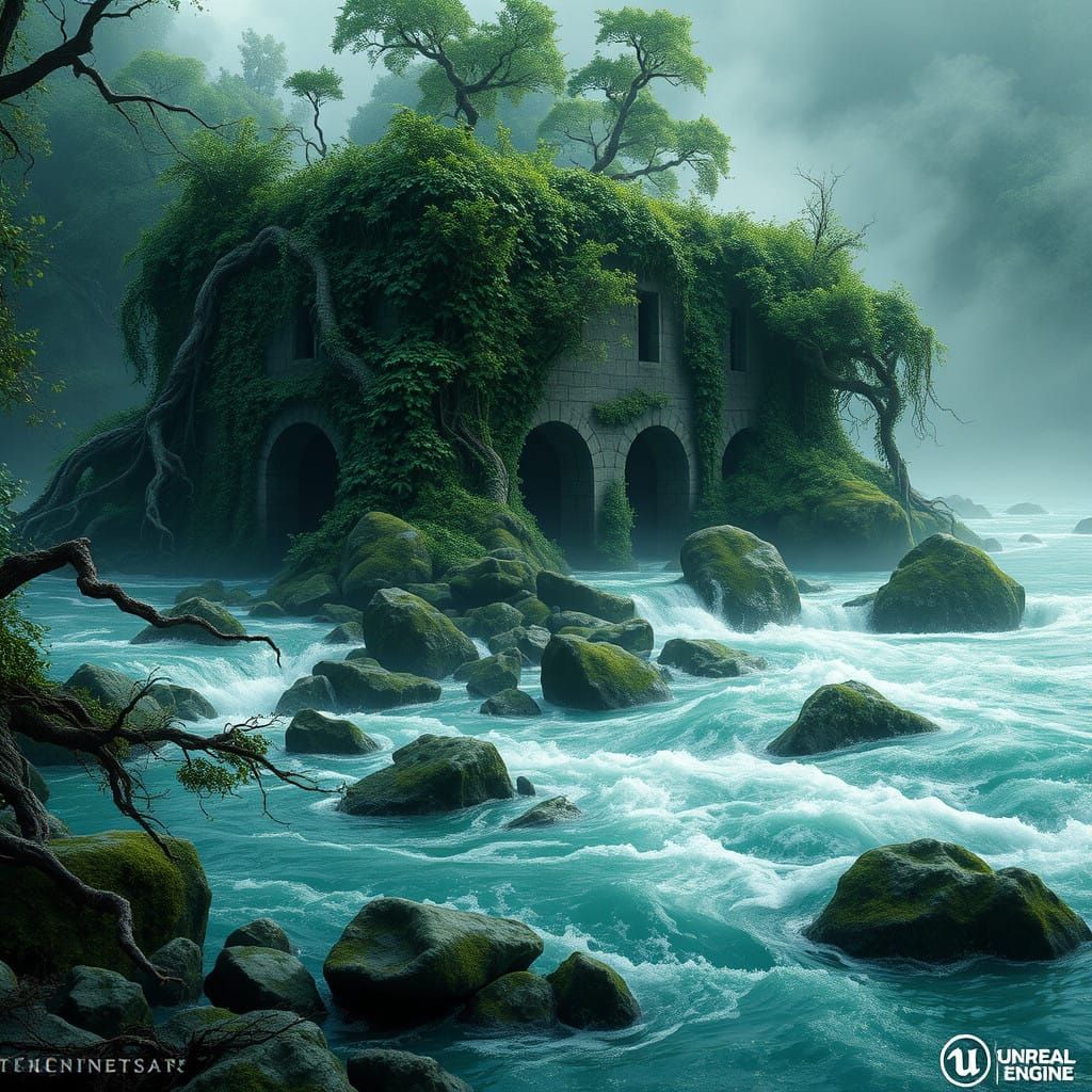 A raging river encircles the structure like a natural moat, its waters frothing and churning as they cascade over jagged...