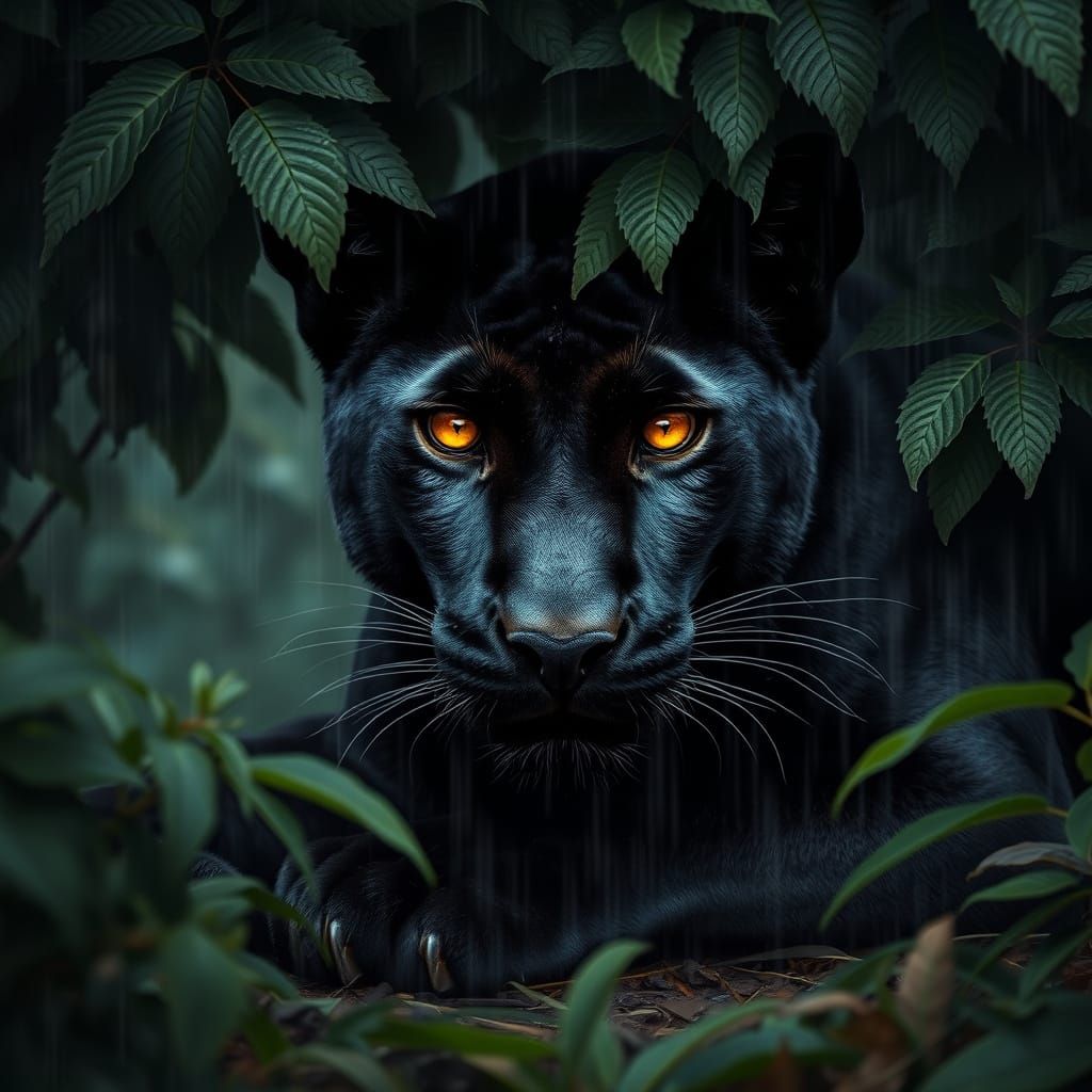 Black Panther's Gaze in Rainy Forest