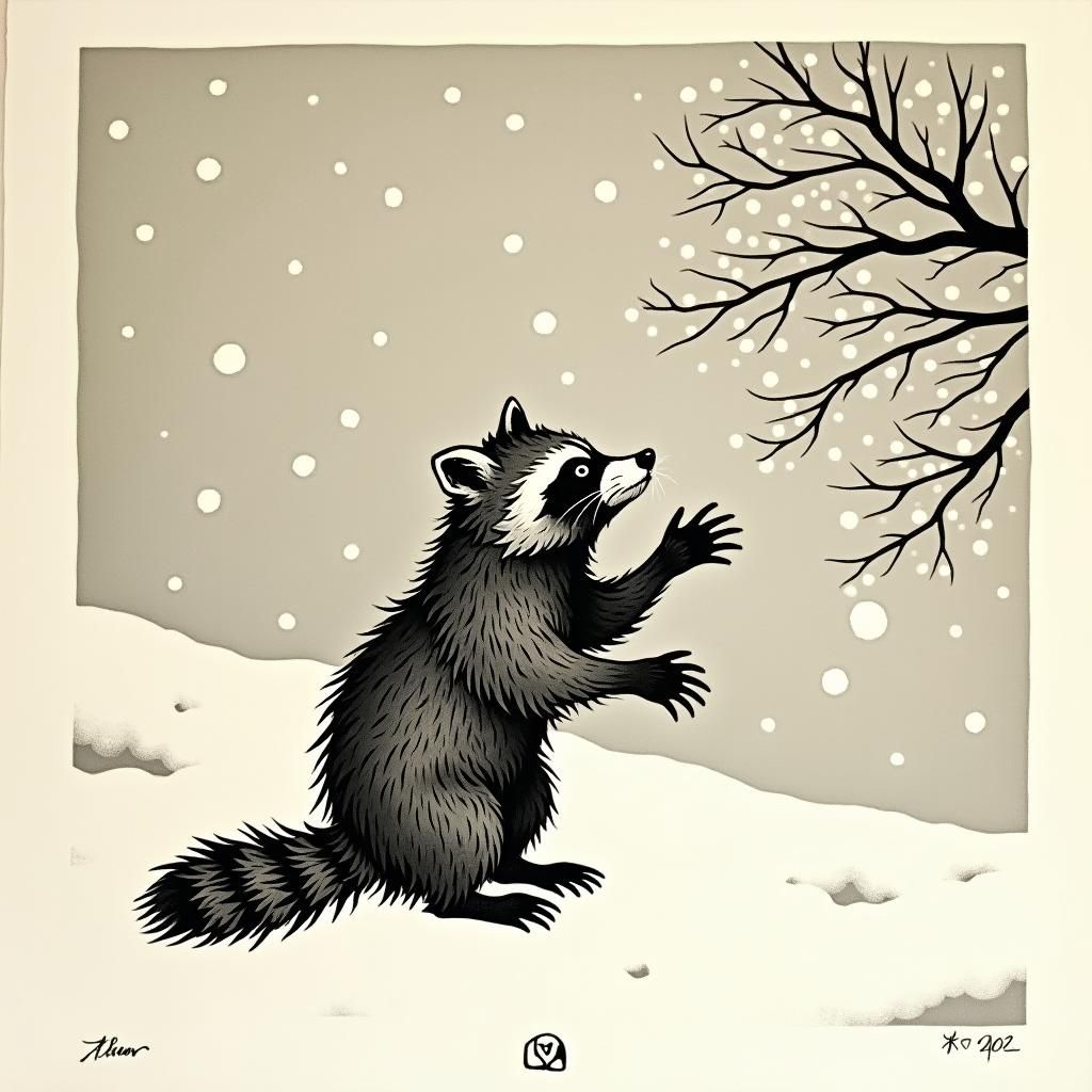 japanese woodcut inspired raccoon playing in the falling sno...