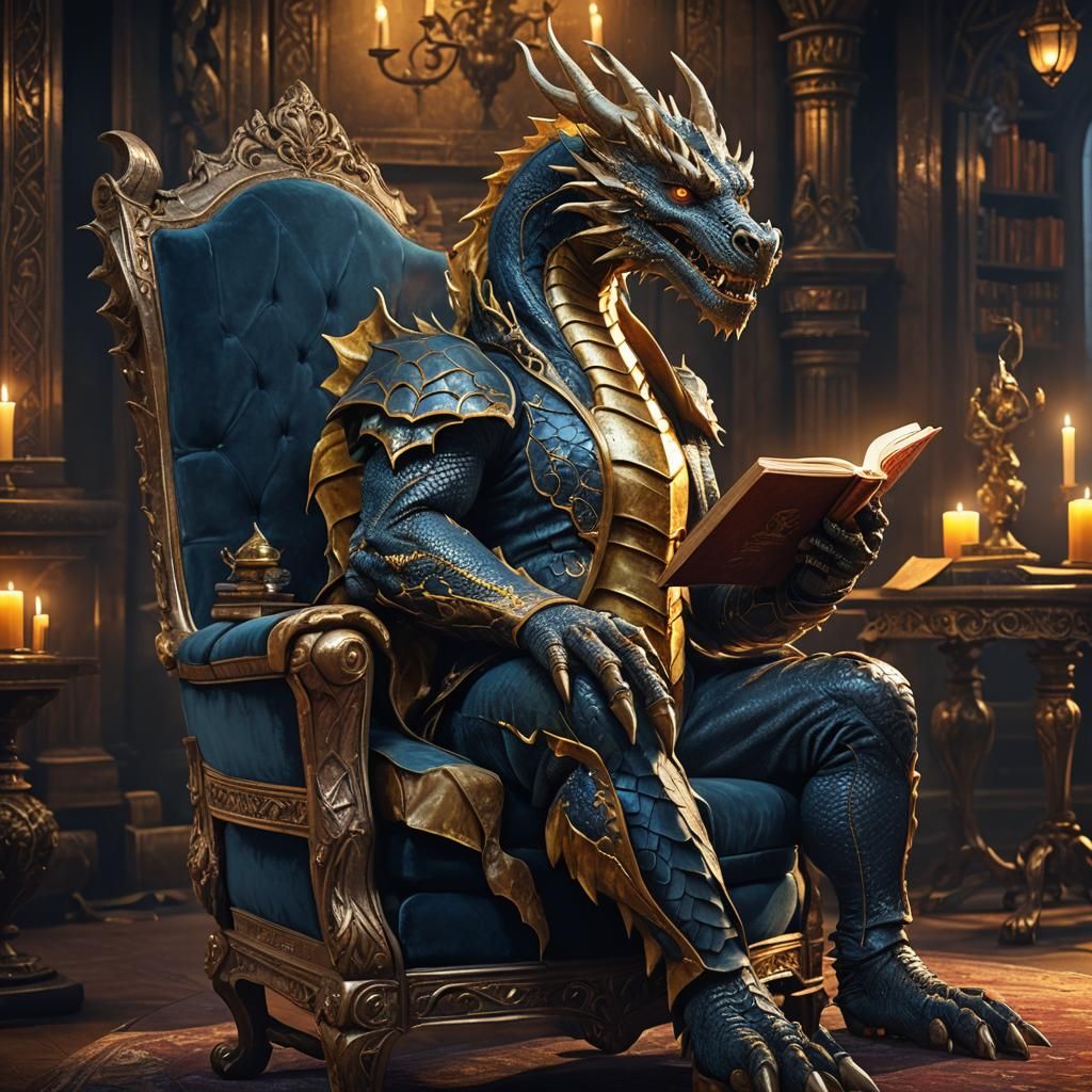 Ethereal Dragon in Velvet Armchair, Lost in Literary Wonder