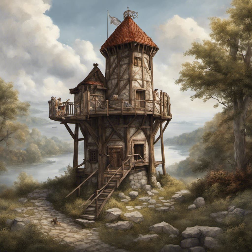 Medieval American Watchtower in a Detailed Landscape