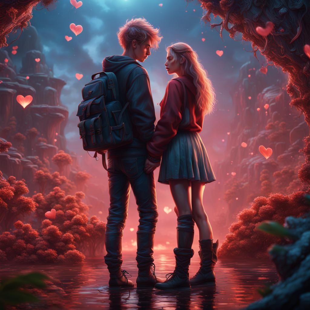 Endearing Teen Couple in Whimsical Fantasy Landscape