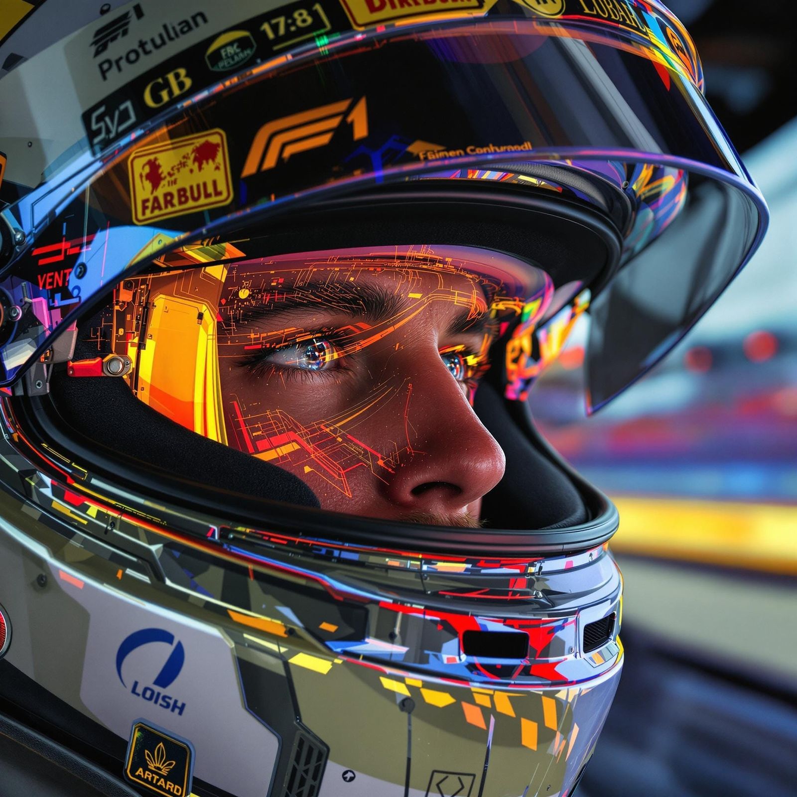 F1 Helmet Close-Up with Track Reflections
