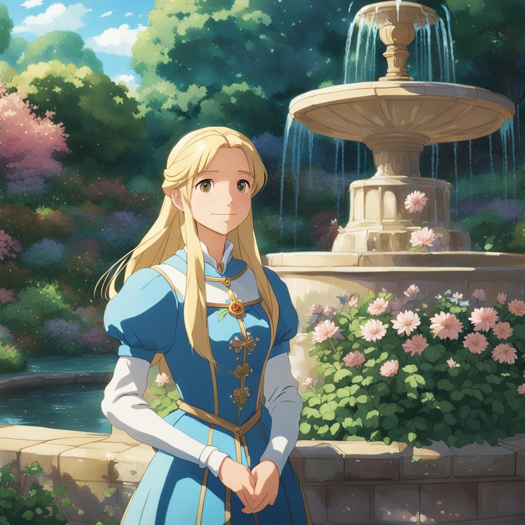 Beautiful anime princess standing in a garden with a beautif...