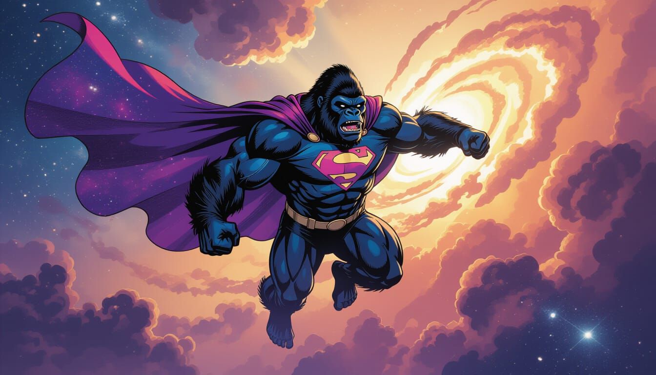 Cosmic Gorilla Superhero Soaring Through Nebula
