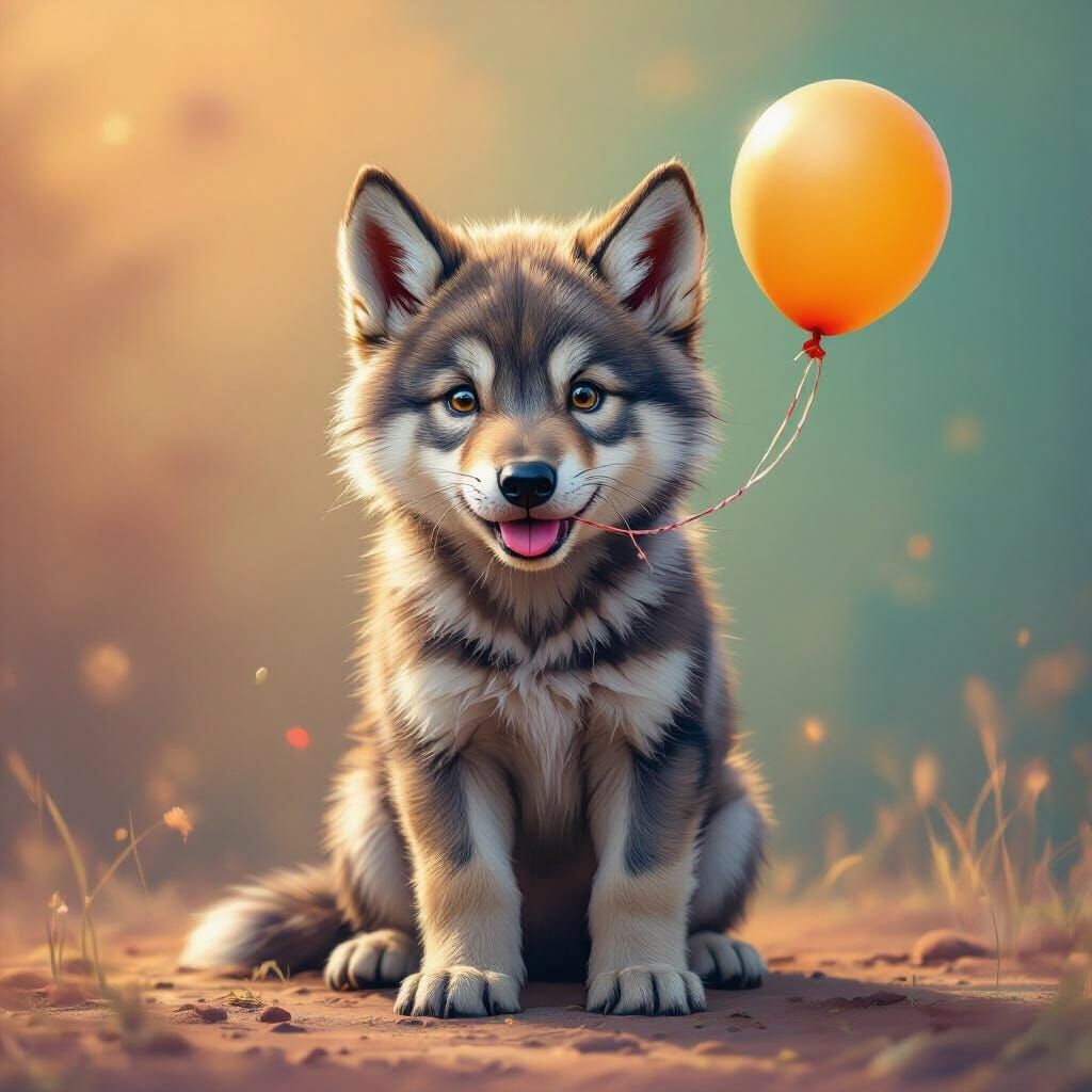Hyperrealistic Wolf Pup with Balloon