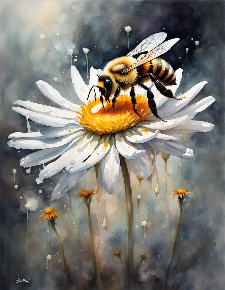 Impressive Watercolour Art of a Busy Bee Pollinating a Daisy