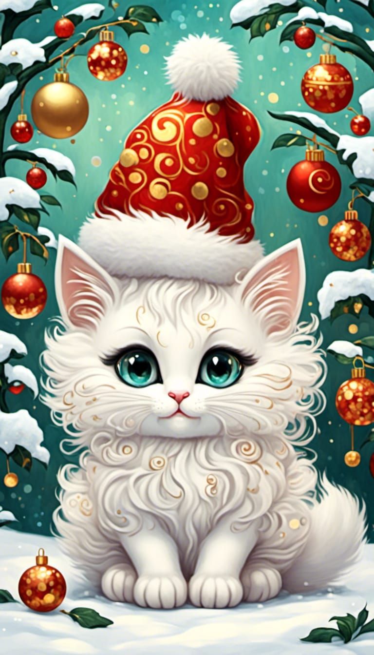 <lora:Klimt Craft:1.0> fluffy white chibi kitten Cat wearing...