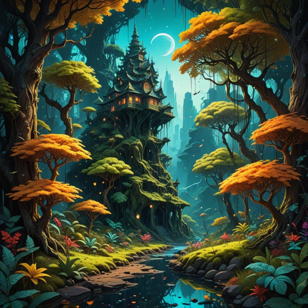 "Wild forest dwelling in golden ratio", highly detailed mixed textured eerie collage by Alberto Seveso, Cyril Rolando, D...