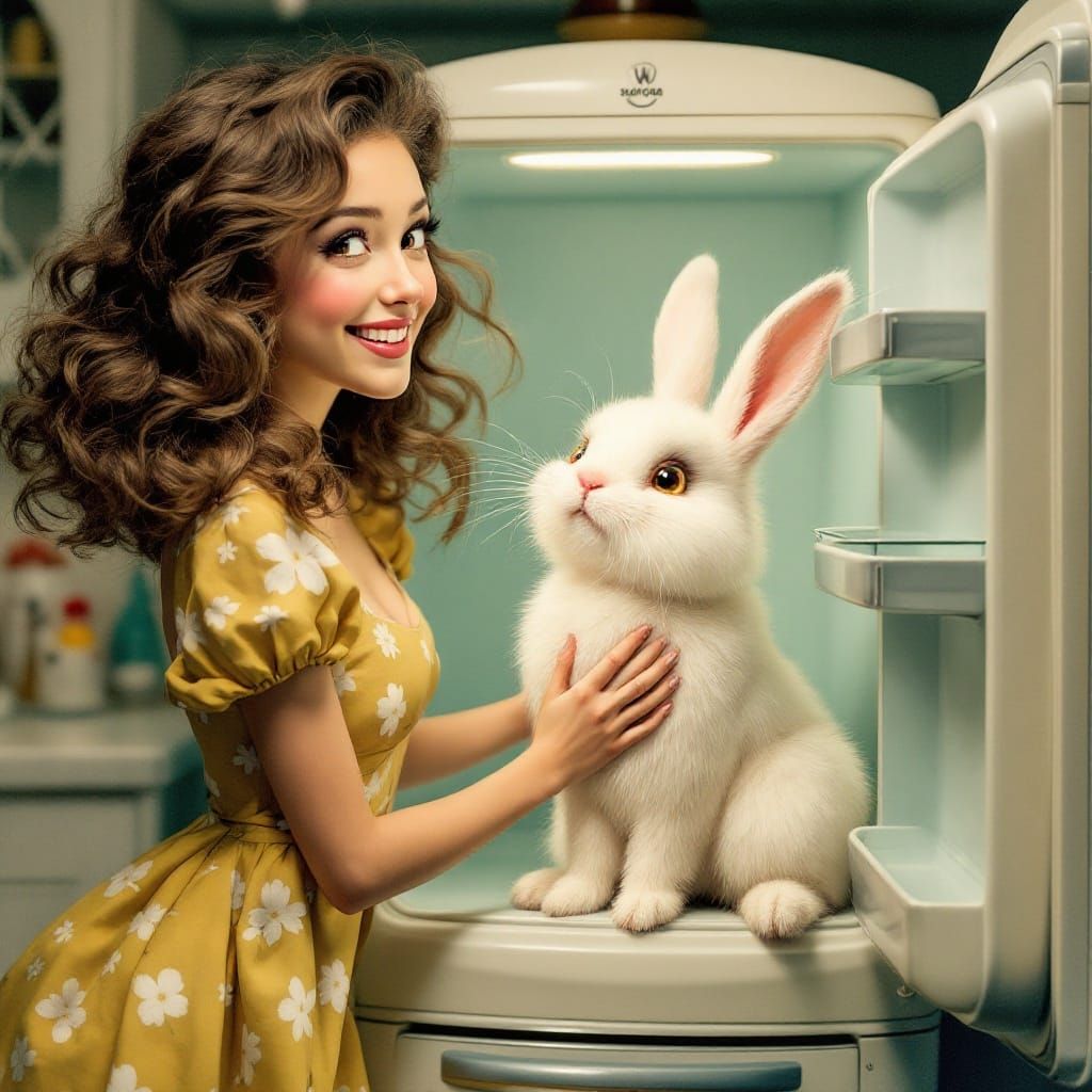 Whimsical Woman Discovers a Rabbit in Her Vintage Refrigerat...
