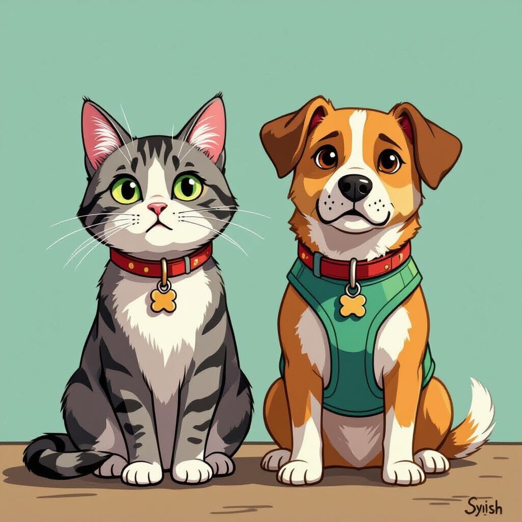 Worried Cat and Dog Await Vet, Whimsical Digital Art