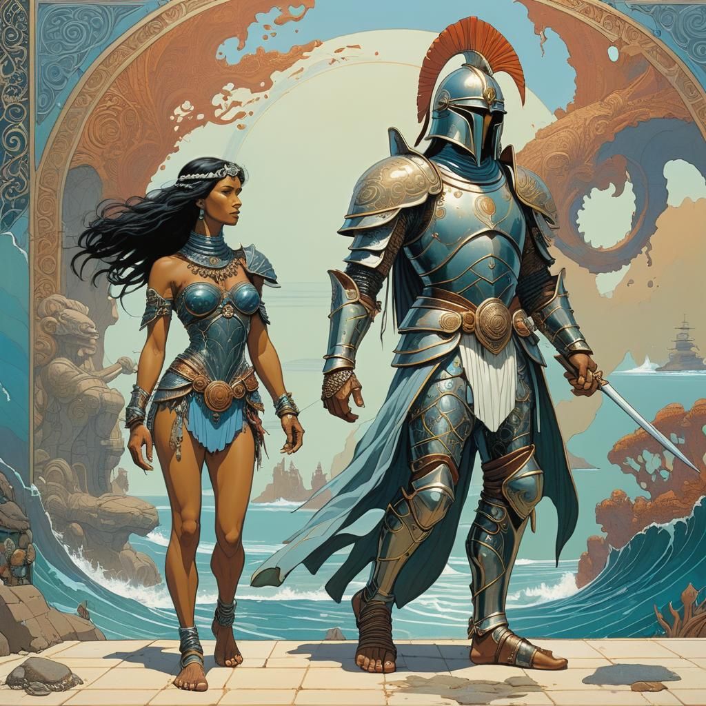Warrior in Ornate Armor Guides Barefoot Woman Along Oceanic...