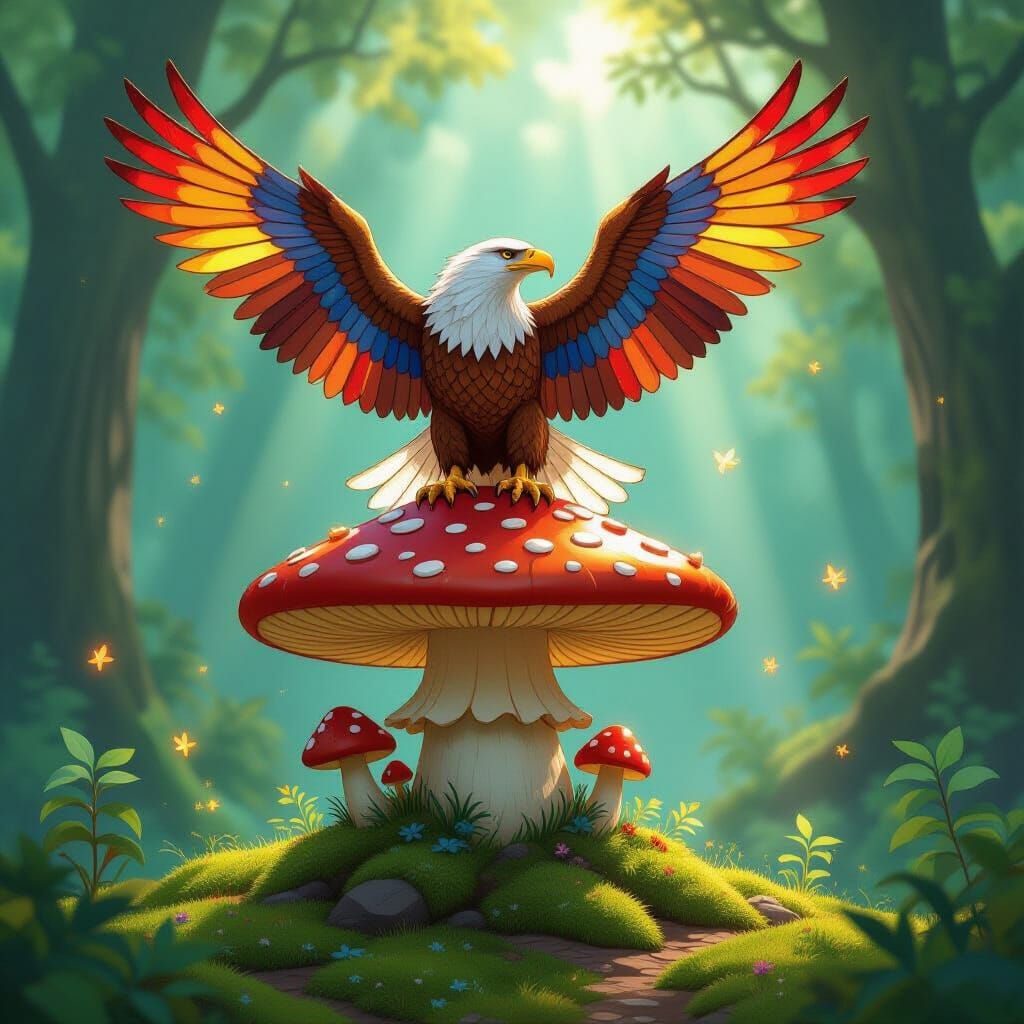 Stained Glass Eagle on Mushroom in Enchanted Forest