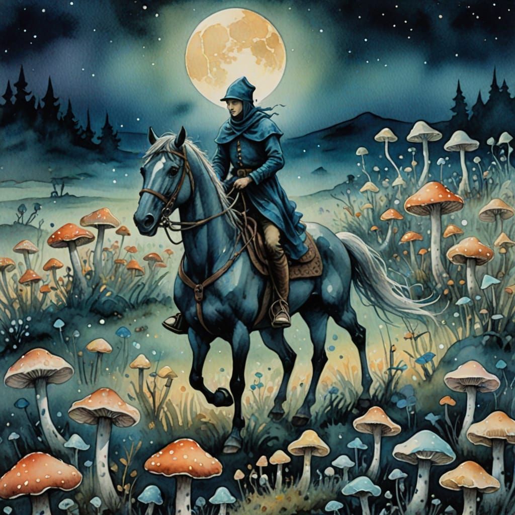 Ethereal Rider in Bioluminescent Mushroom Field
