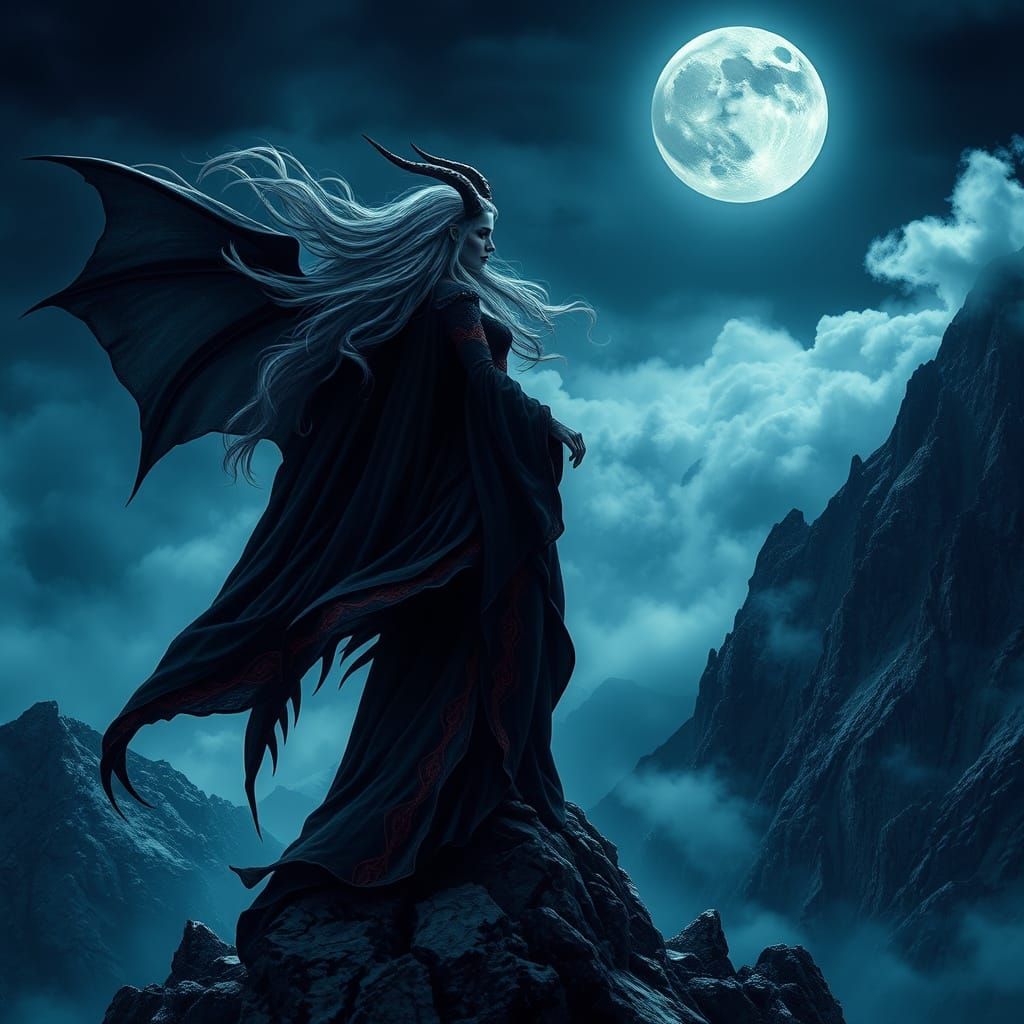 Mystical Demoness in Moonlit Mountainscape