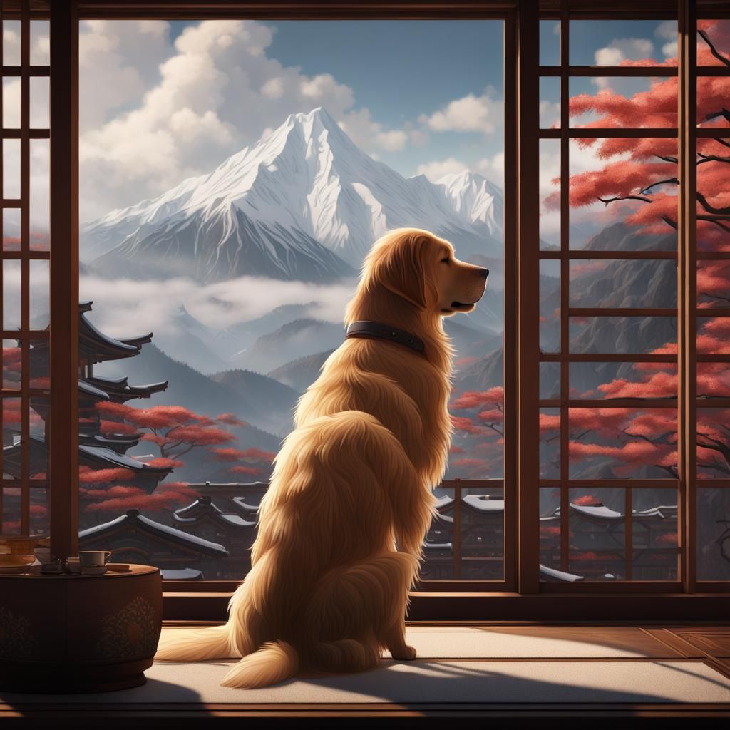 Golden Retriever Contemplates Snowy Peaks in Traditional Jap...