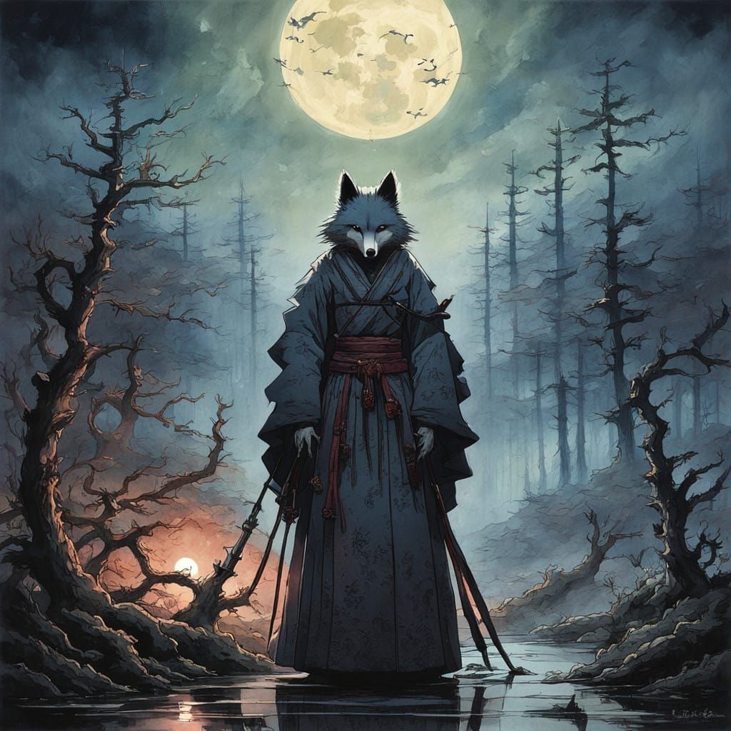 Mystical Kumiho Spirit in Hanbok Under Crescent Moonlight